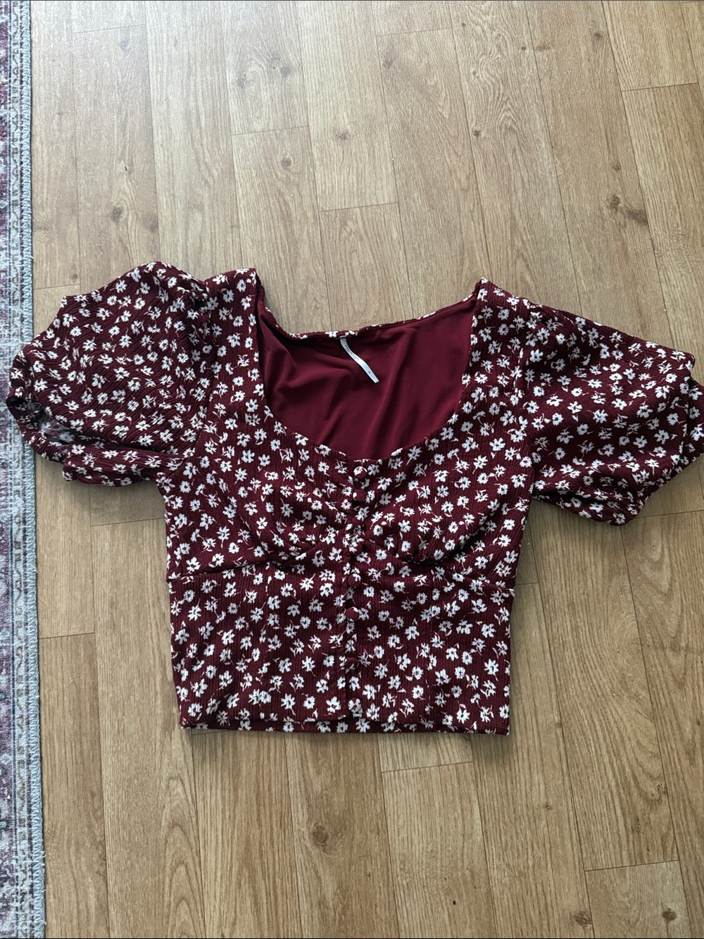 Free People Burgundy Floral Puff-Sleeve Crop Top